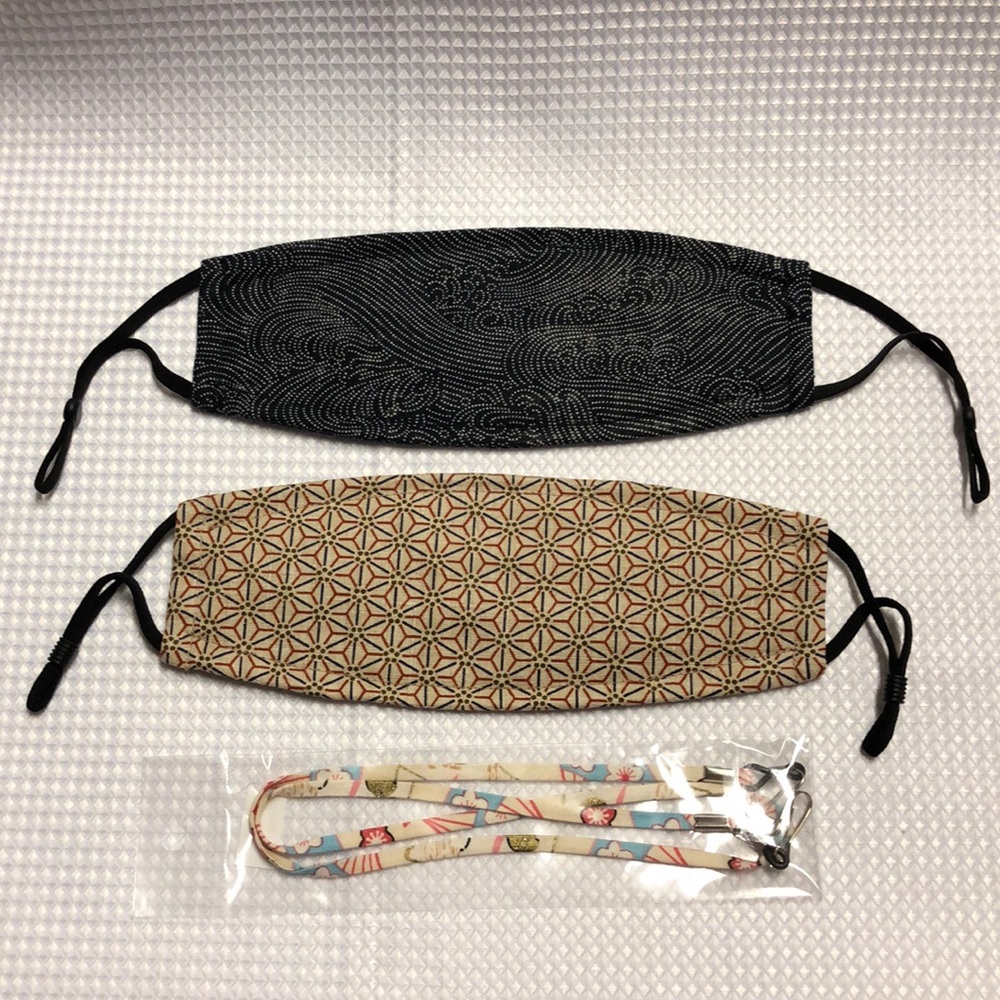 2 Masks: Tan Geometric & Black Micron Dot Elastic Bi-fold & 1 White Clip Holder
